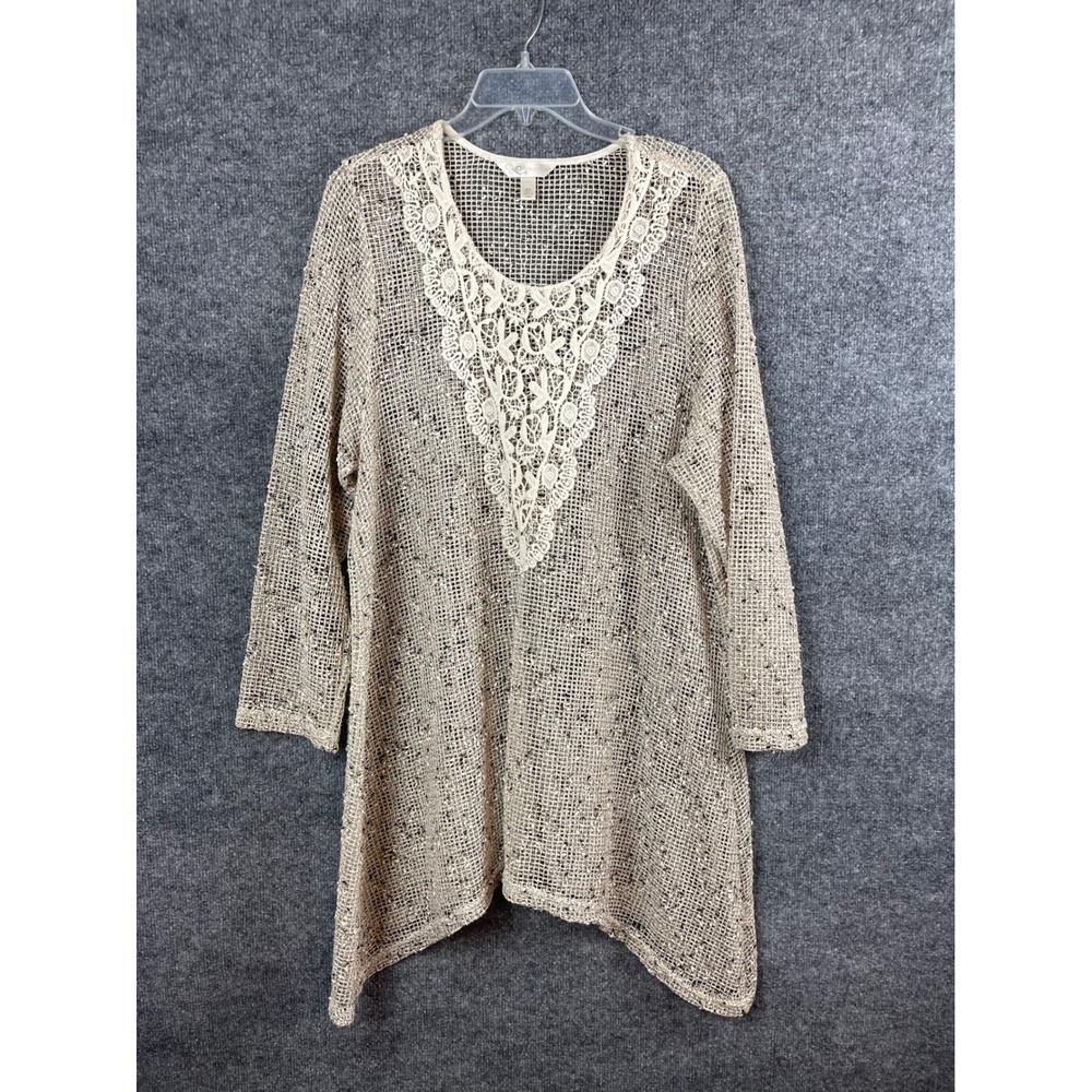 Krazy Kat Tunic Top Women XXL Beige Excellent Lace Neck Mesh Sharkbite Hem